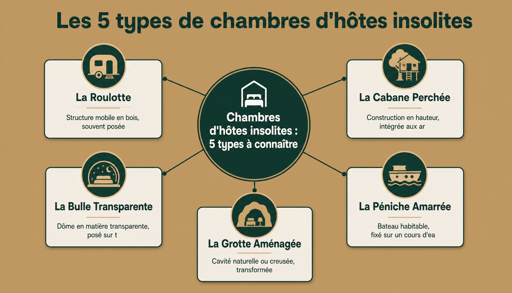 Infographie des 5 types de chambres d'hôtes insolites en France : roulotte, cabane, bulle, grotte, péniche avec caractéristiques et prix