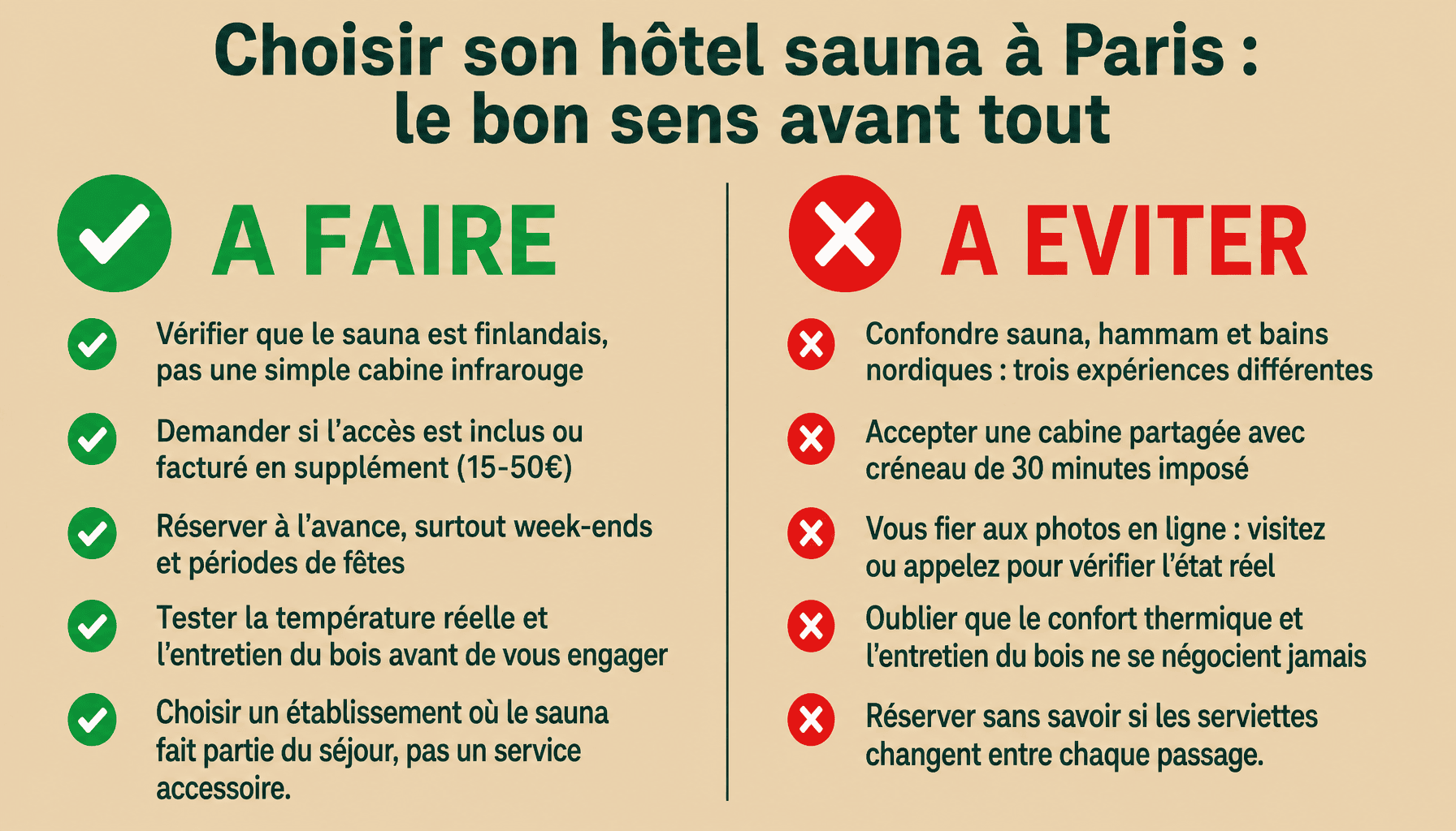 Guide pratique pour bien choisir un hôtel avec sauna Paris : à faire et à éviter