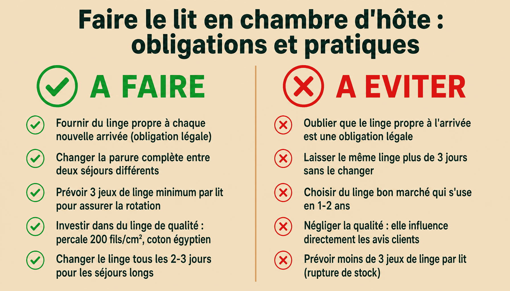 Infographie doit on faire le lit en chambre d'hôte : obligations légales et bonnes pratiques pour hôtes
