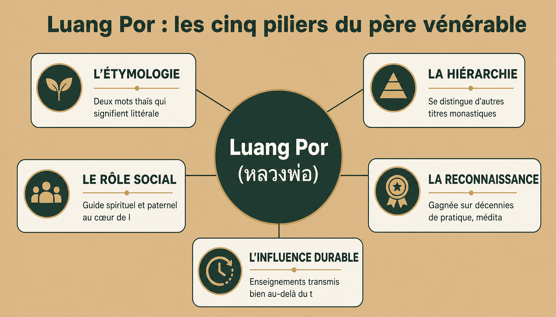Infographie expliquant les 5 dimensions du titre Luang Por dans le bouddhisme thaïlandais : étymologie, hiérarchie, rôle social, reconnaissance et influence spirituelle.