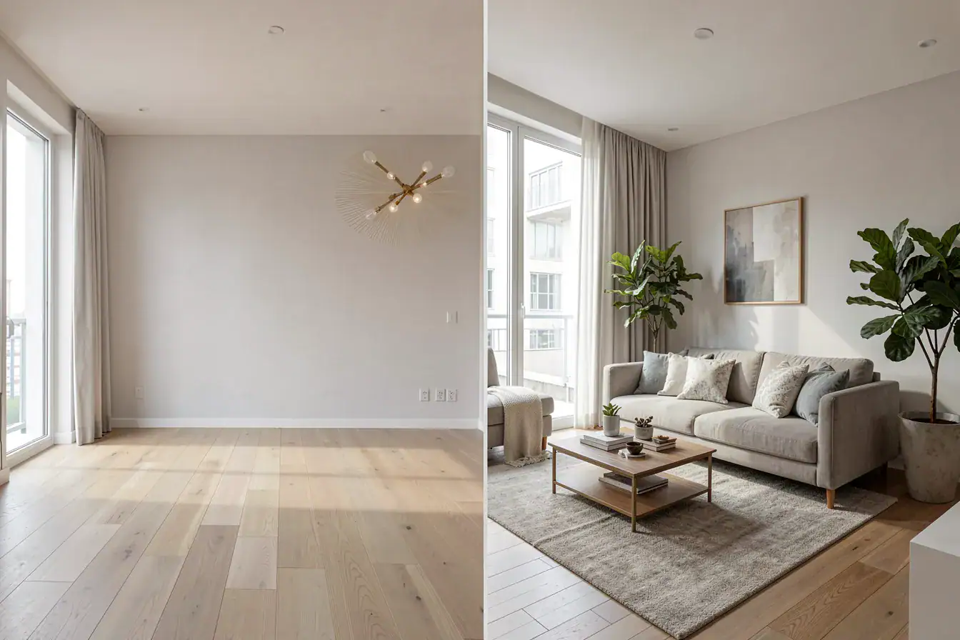KI-gestütztes Virtual Staging: leerer Raum und digital möblierte Variante im Vergleich