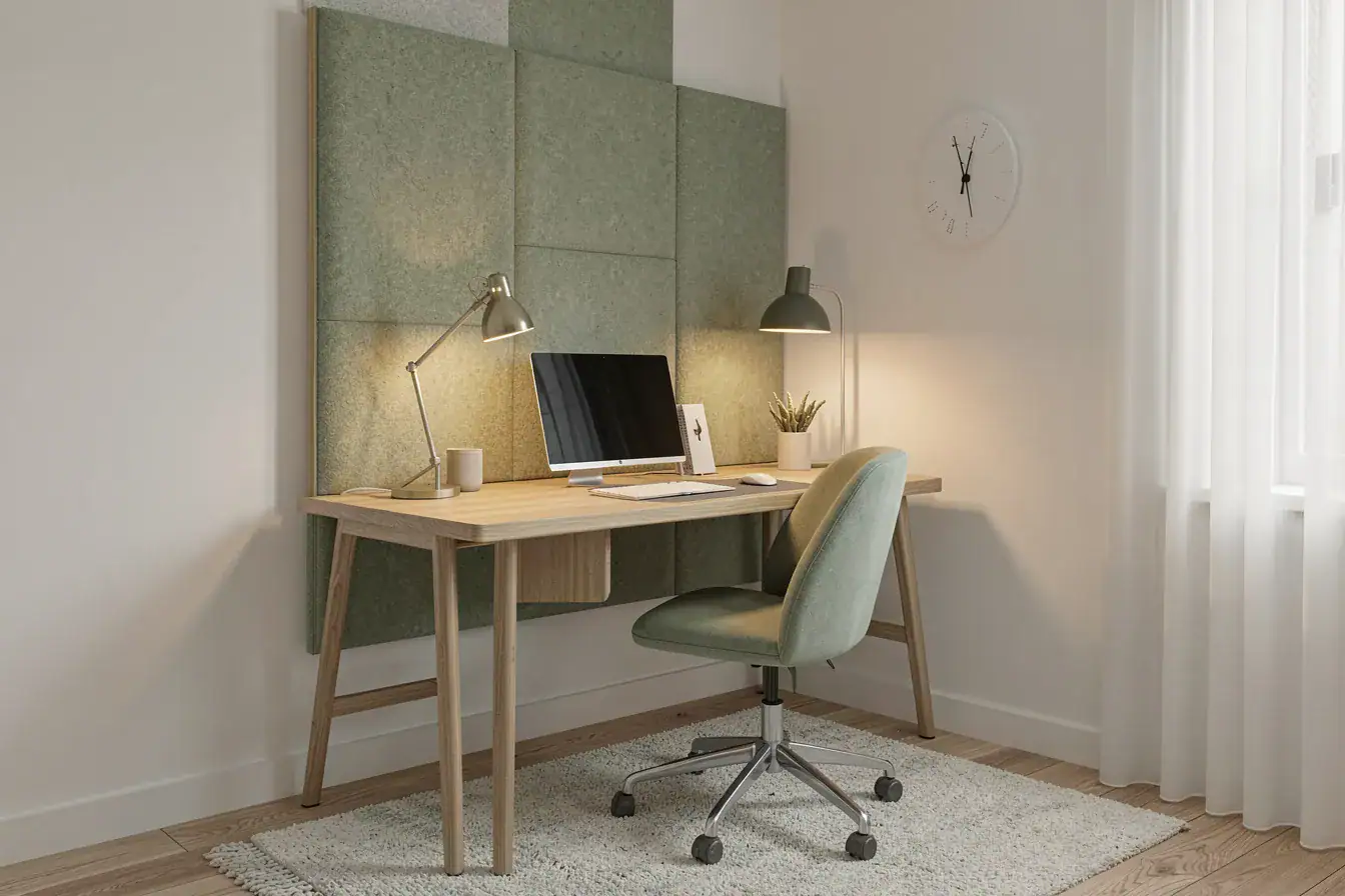 Ruhiges Homeoffice mit Filz-Akustikpaneel, Wollteppich und warmem Licht