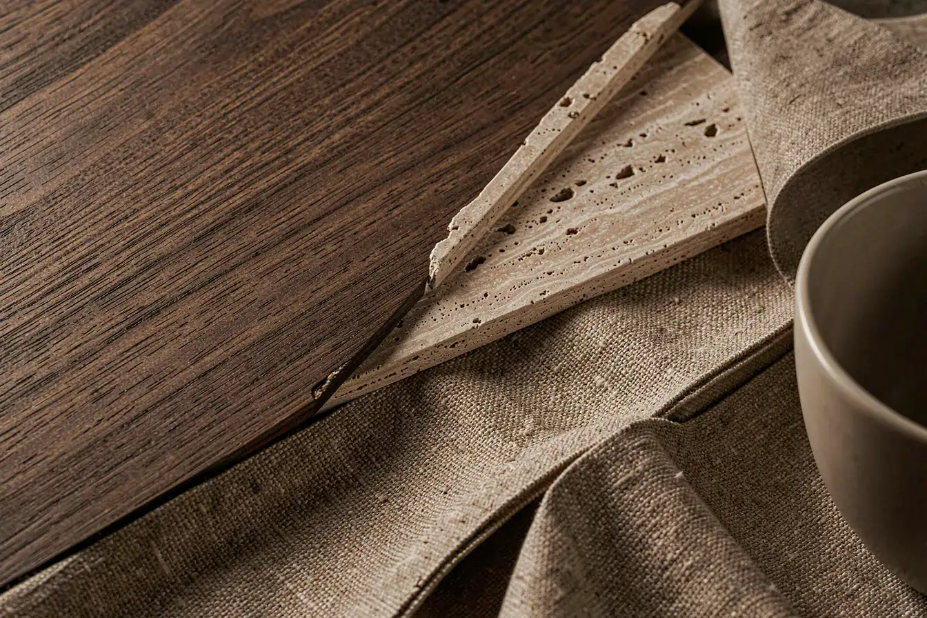 Materialmix aus dunklem Holz, Naturstein, Leinen und Keramik in Erdtönen
