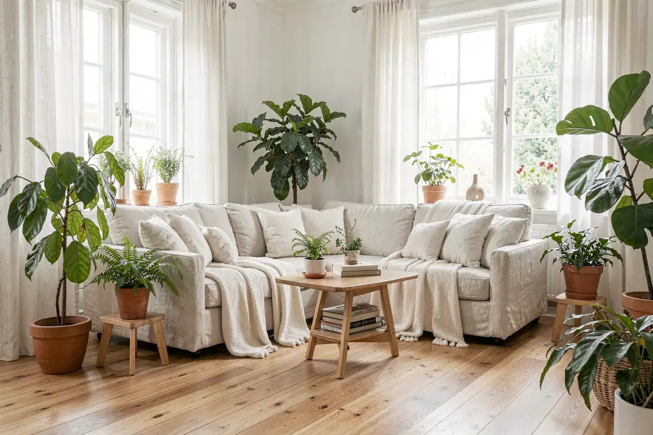 Helles skandinavisches Wohnzimmer mit Leinensofa und Pflanzen, per Text-to-Image erzeugt