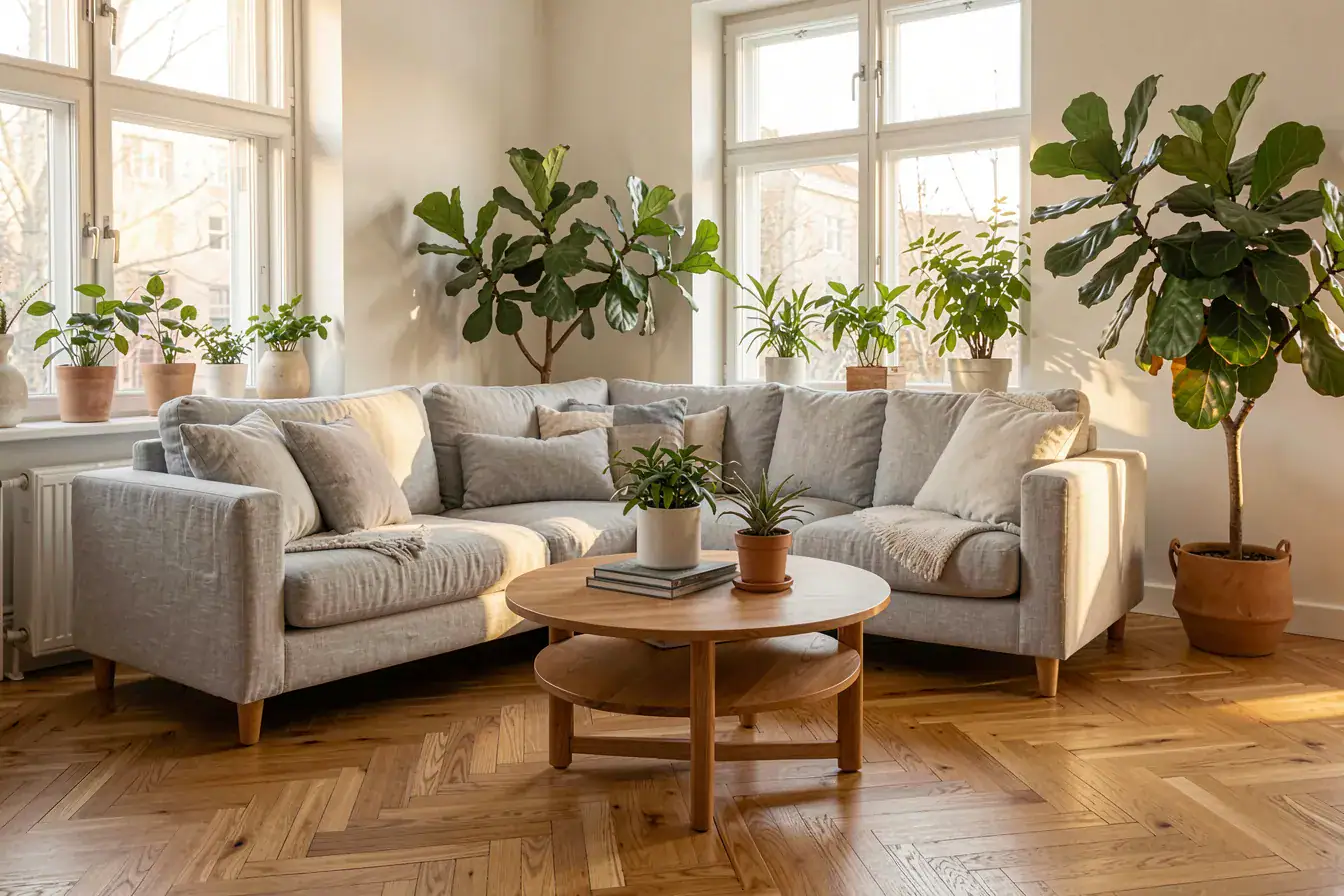 Ergebnis eines detaillierten Prompts: skandinavisches Wohnzimmer mit Leinensofa und Parkett