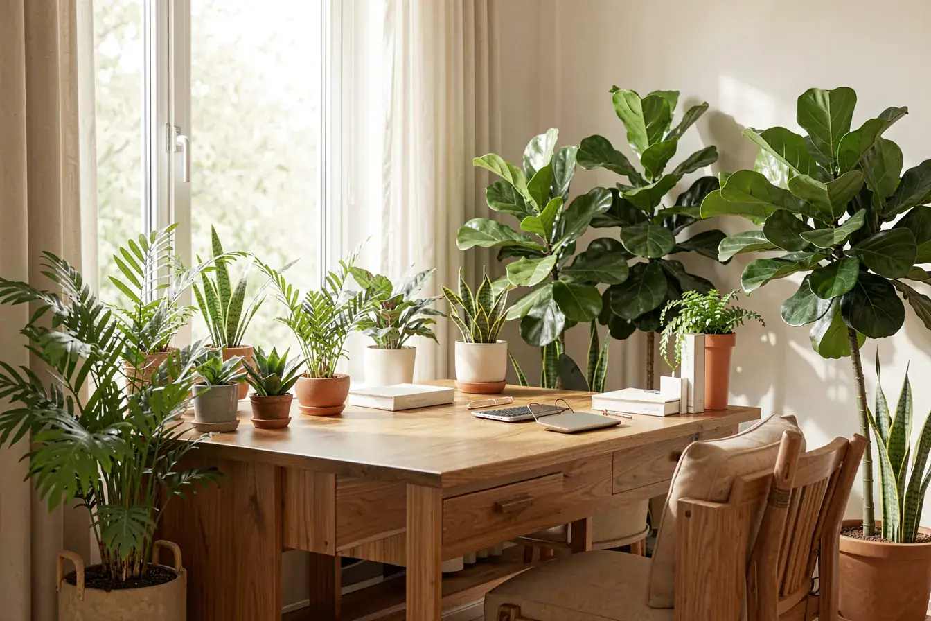 Helles Homeoffice am Fenster mit Zimmerpflanzen im Biophilic Design