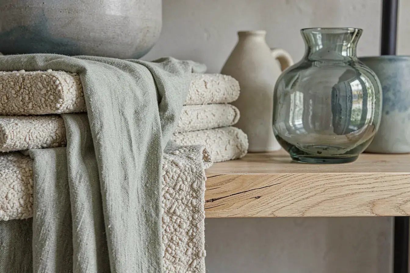 Geschichtete Texturen im Interior: Leinen, Bouclé, geölte Esche und handgefertigtes Glas