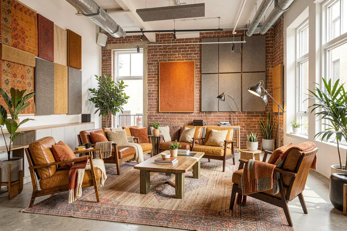 Flexible New-Work-Bürolounge mit kuratierten Vintage-Möbeln und Backsteinwand