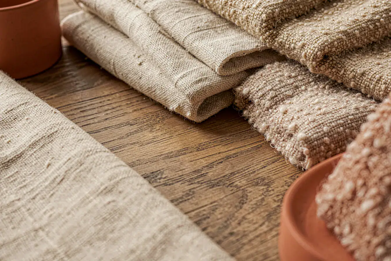 Matte geoelte Eiche mit Leinen- und Bouclé-Stoffproben in Sand- und Beigetoenen mit Terrakotta-Akzent