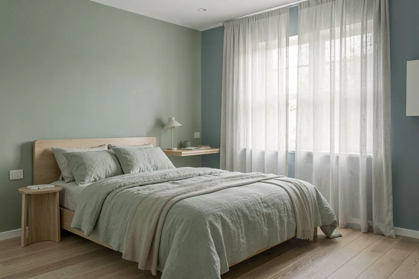 Ruhiges Schlafzimmer in Salbeigrün und sanftem Blau mit Eichenholz und Leinen – Pantone-Paletten Hush und Lucid