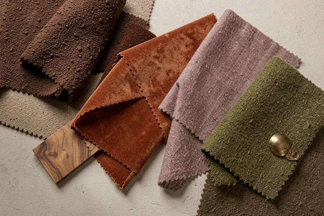 Materialmuster in warmen Erdtönen – Schokobraun, Terrakotta, Mauve und Oliv – Pantone-Paletten Honest und Grounded