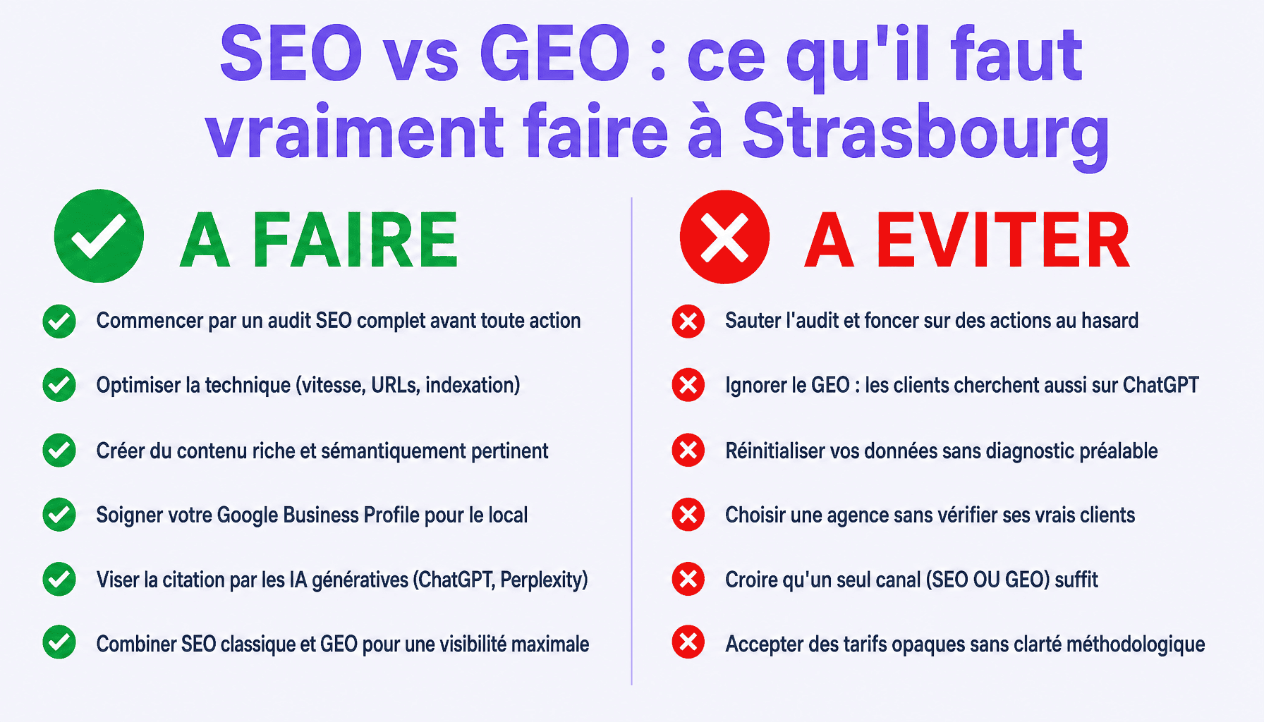 Infographie agence référencement IA Strasbourg : bonnes pratiques SEO et GEO pour PME