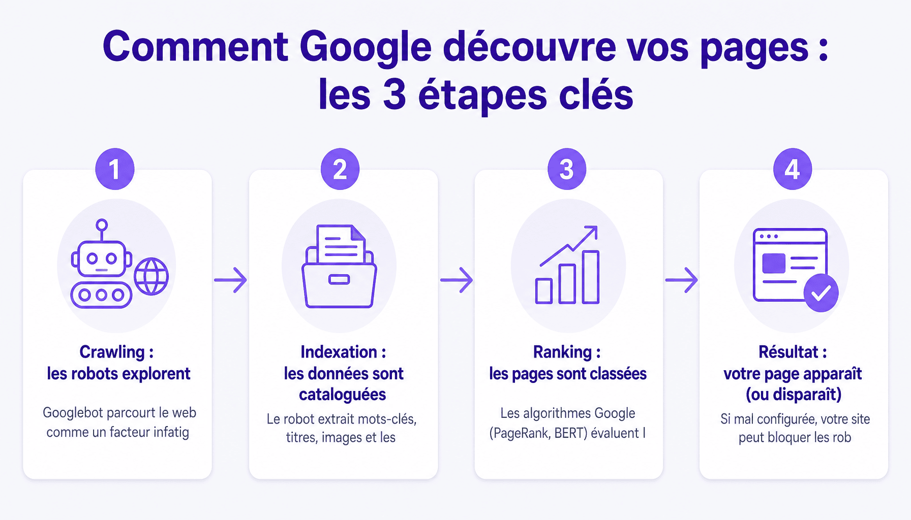 Infographie : des robots explorent constamment le web pour découvrir les pages en 3 étapes (crawling, indexation, classement)