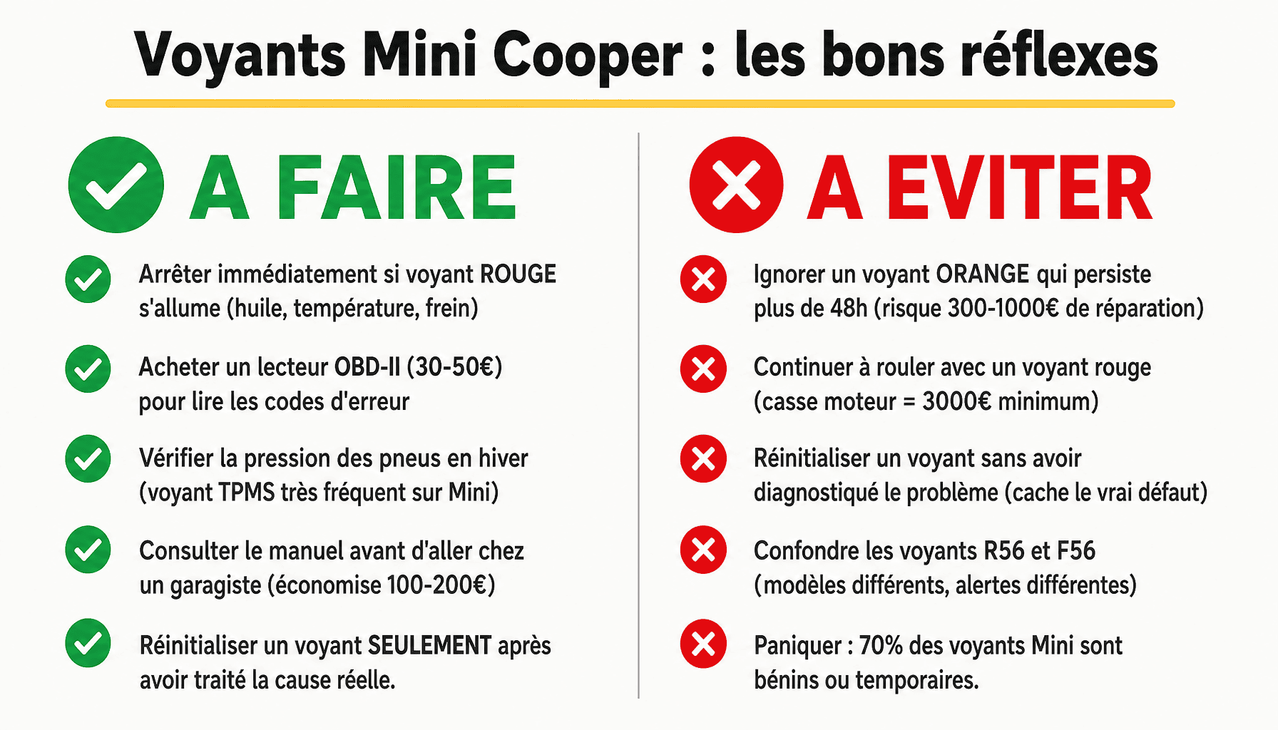Guide pratique des voyants Mini Cooper : à faire et à éviter pour éviter les pannes coûteuses