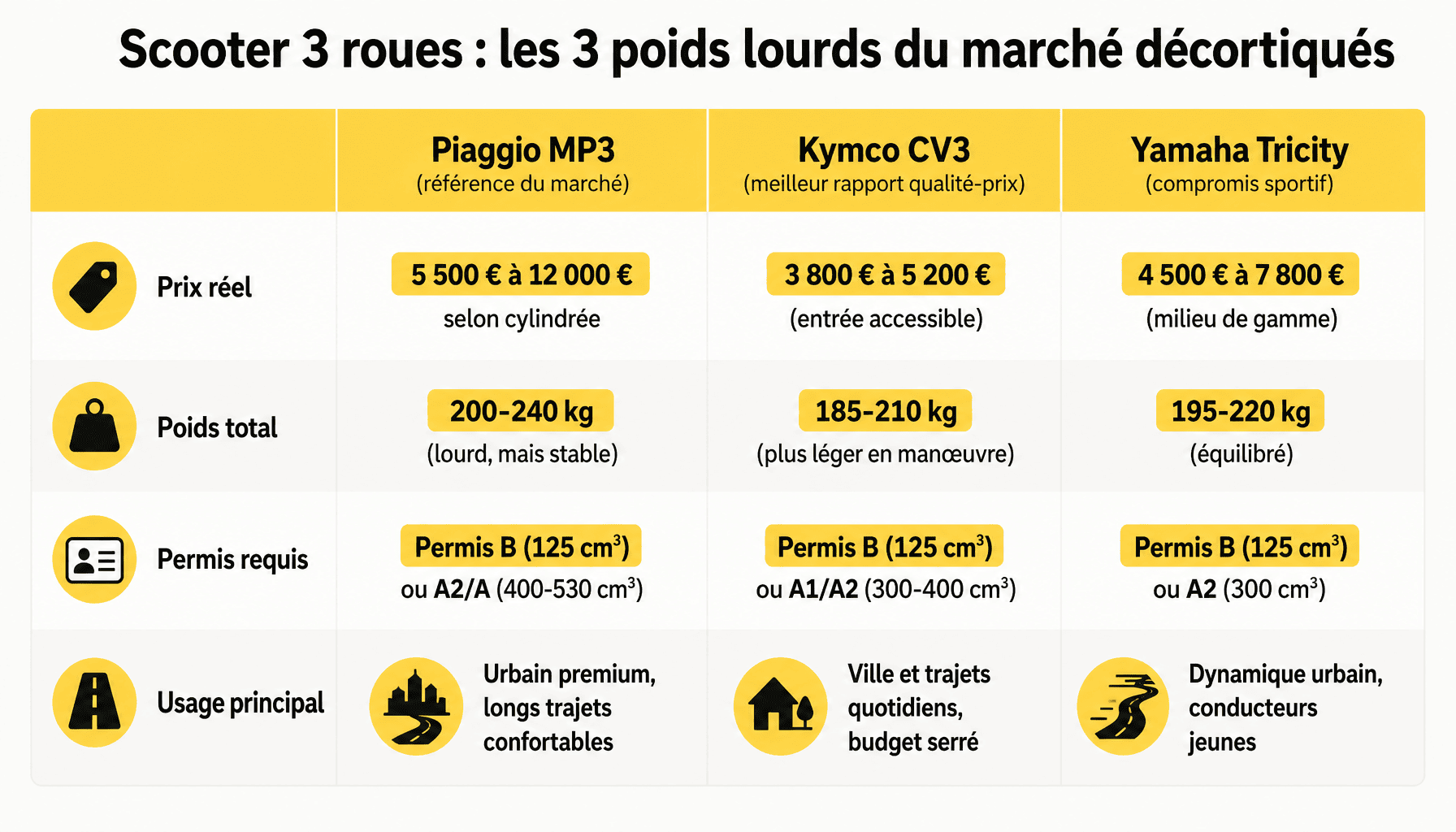 Comparaison des scooters 3 roues Piaggio MP3, Kymco CV3 et Yamaha Tricity : prix, poids, permis et usage