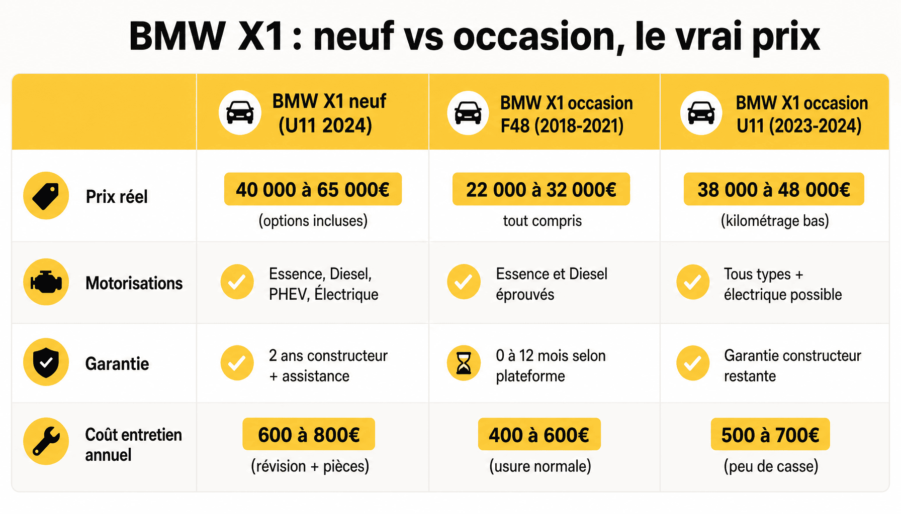 Comparaison prix, motorisations et garantie BMW X1 neuf et occasion pour acheteur débutant
