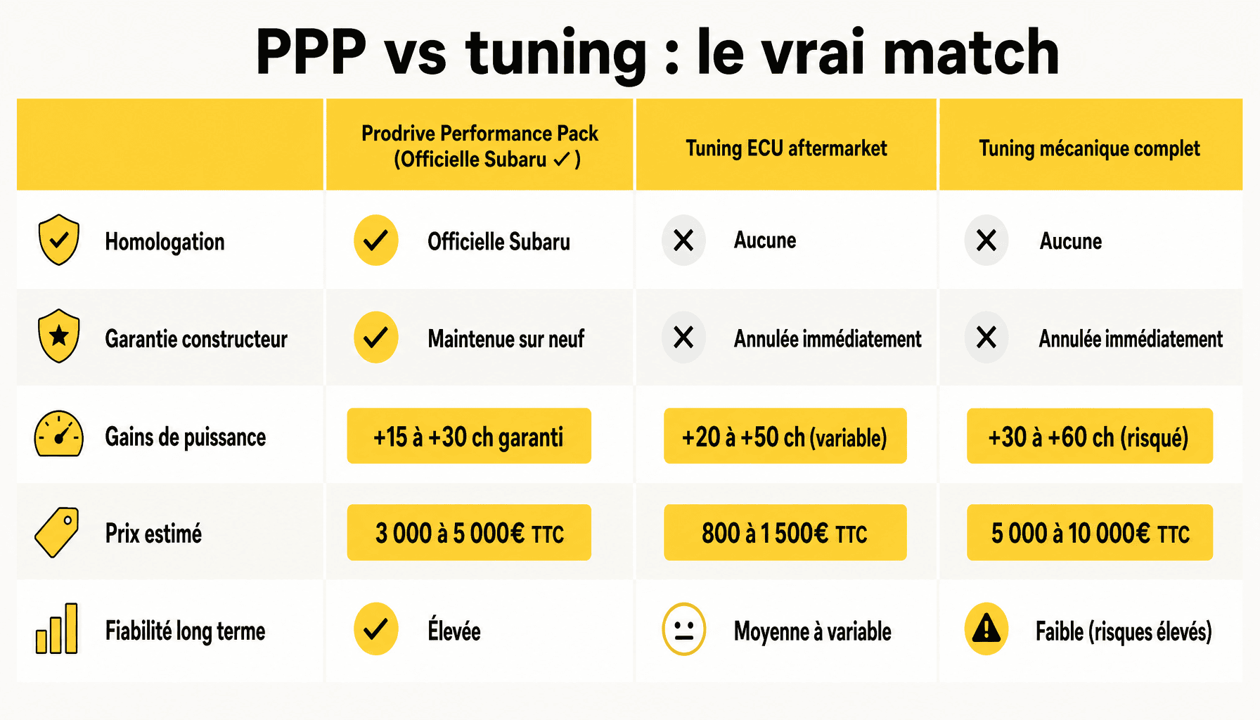 Comparaison Prodrive Performance Pack vs tuning aftermarket : homologation, garantie, prix, fiabilité