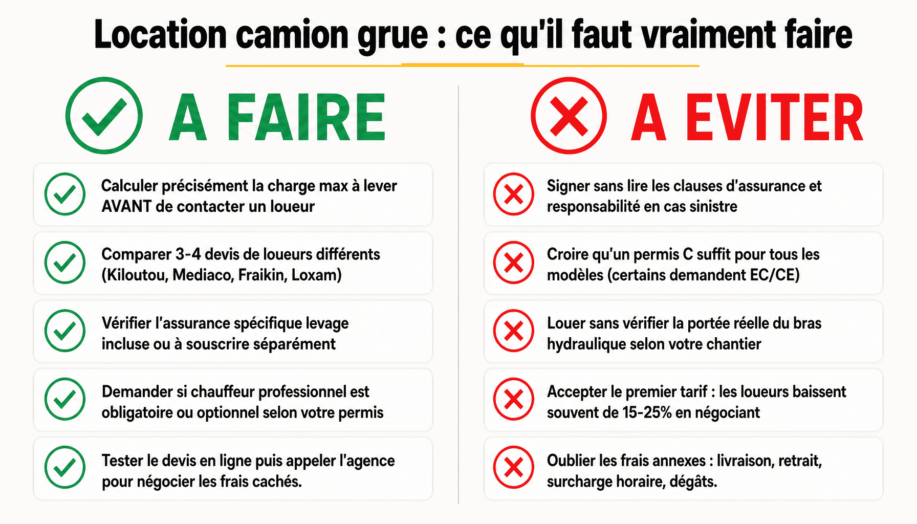 Infographie camion grue location : bonnes pratiques et pièges à éviter pour louer sans se faire avoir
