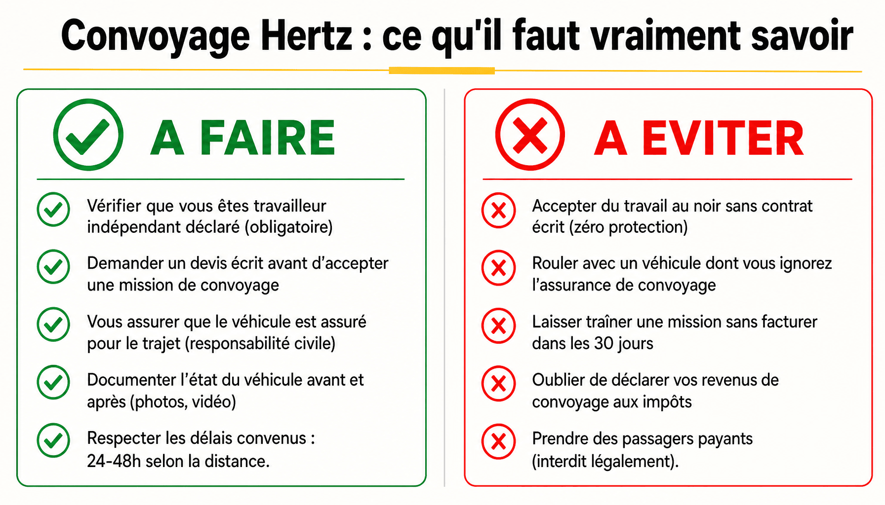 Infographie convoyage voiture de location Hertz : bonnes pratiques et pièges à éviter pour les convoyeurs