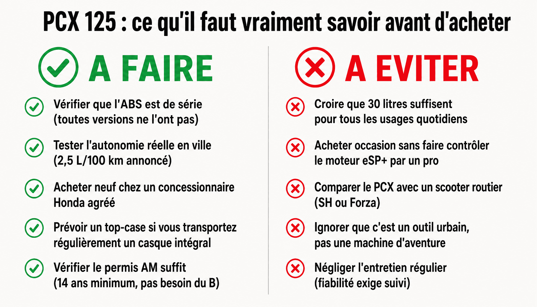 Infographie des points forts et faibles du Honda PCX 125 : fiabilité, prix, coffre, permis AM et ABS
