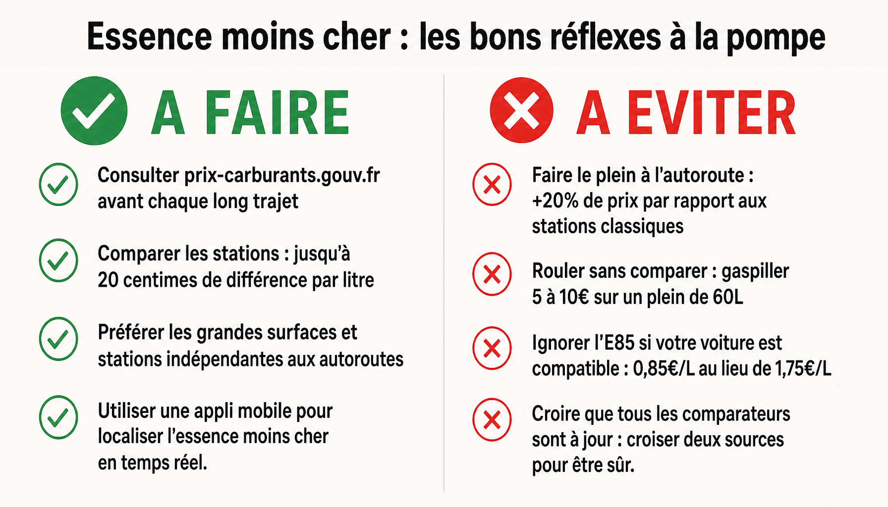 Infographie essence moins cher com : 4 bonnes pratiques et 4 pièges à éviter pour économiser à la pompe