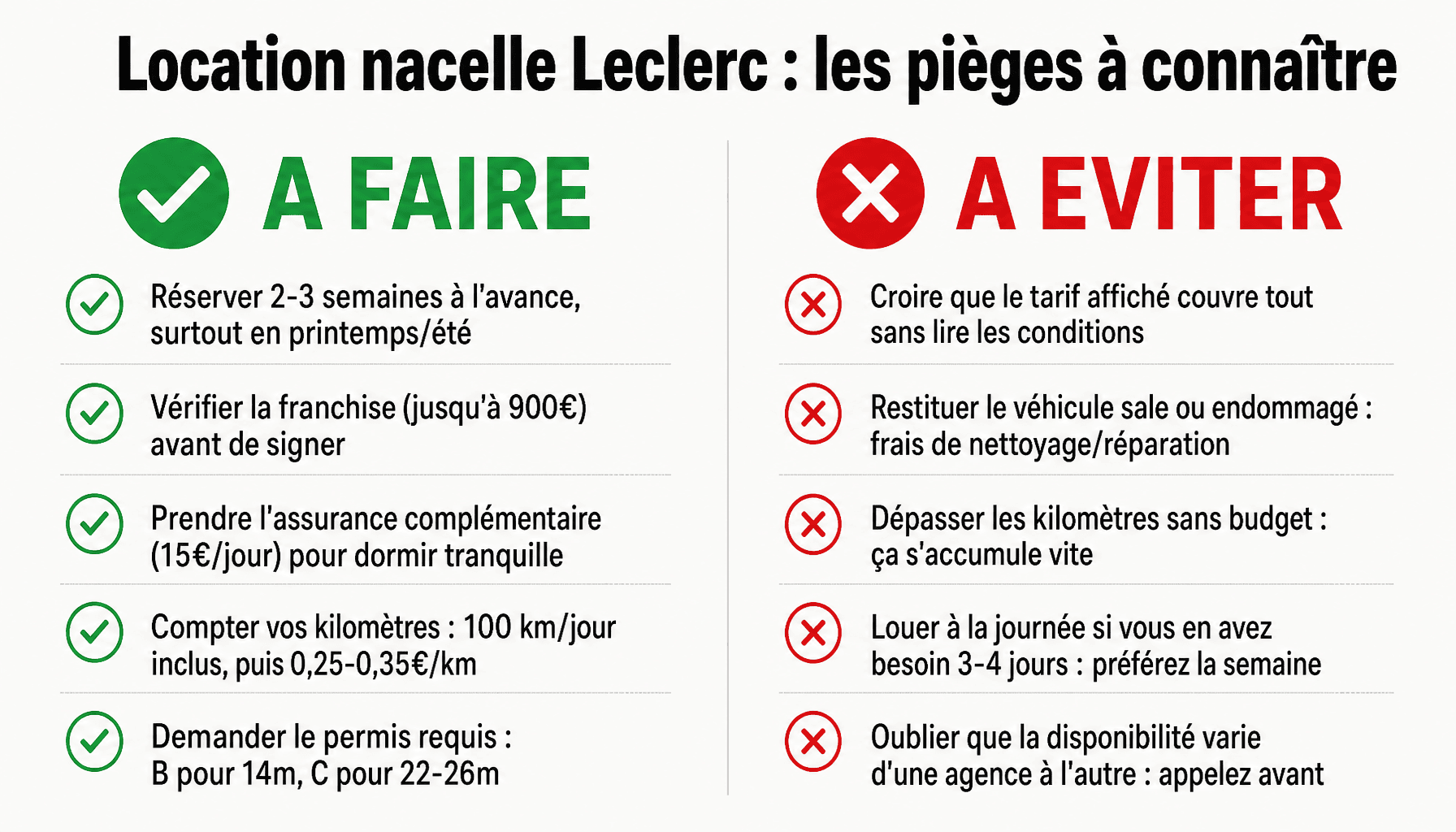 Infographie location camion nacelle Leclerc tarif : à faire et à éviter pour ne pas se faire piéger