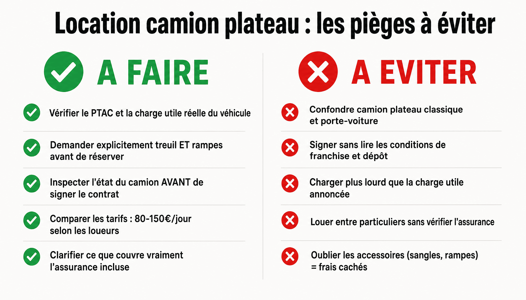 Infographie location camion plateau particulier : checklist à faire et à éviter avant de signer