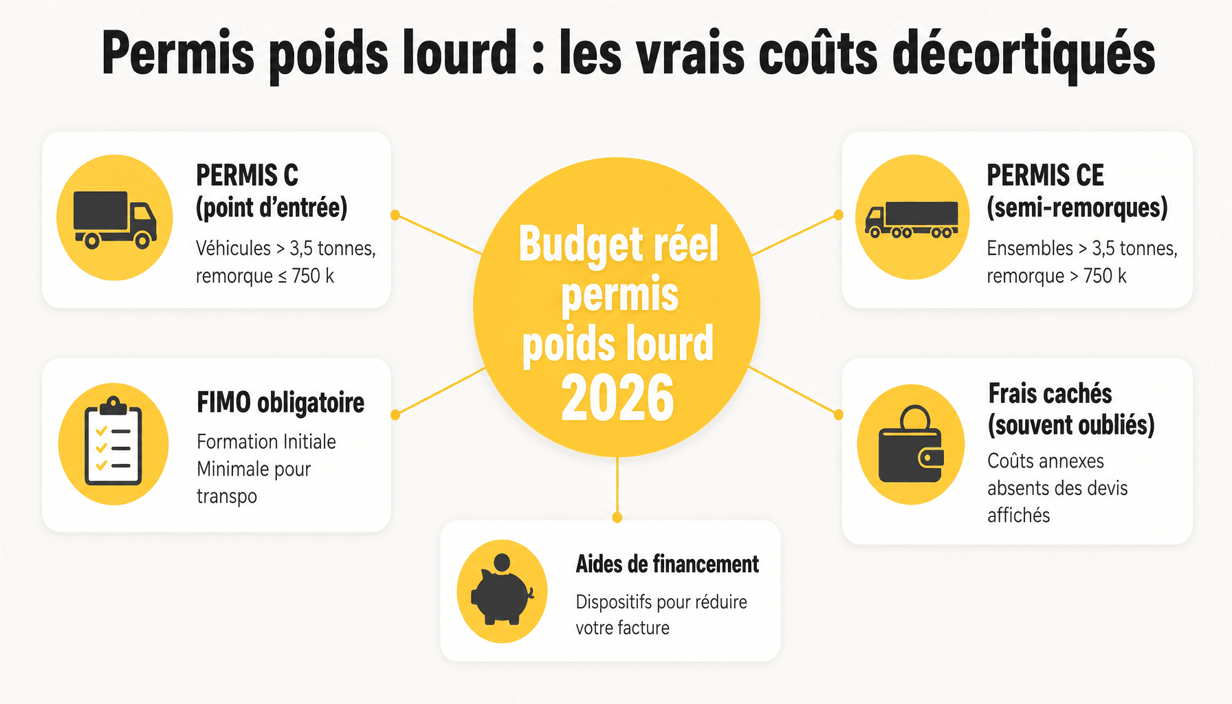 Infographie permis poids lourd prix 2026 : décomposition des coûts réels par catégorie et frais annexes
