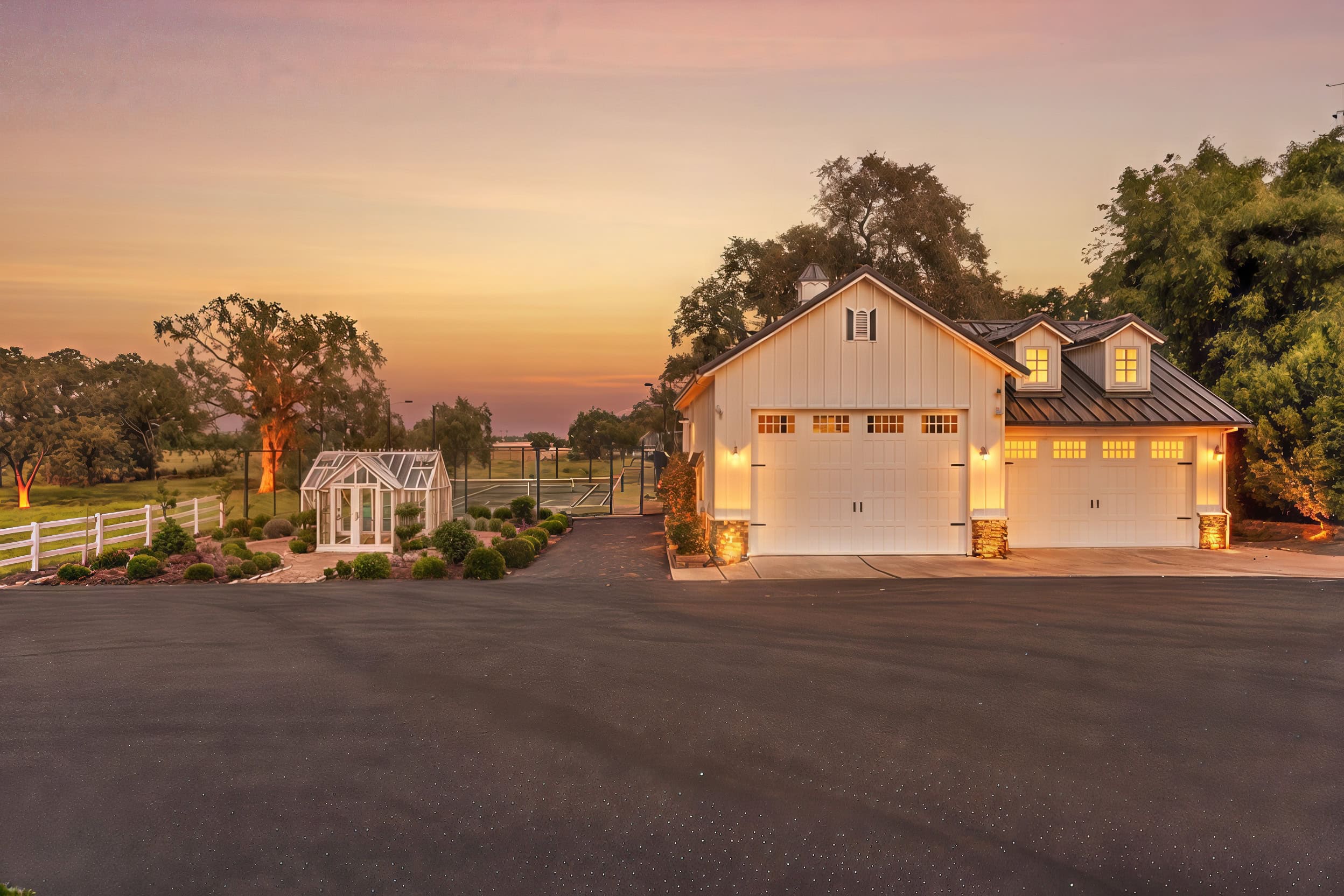Estate driveway approach at dusk