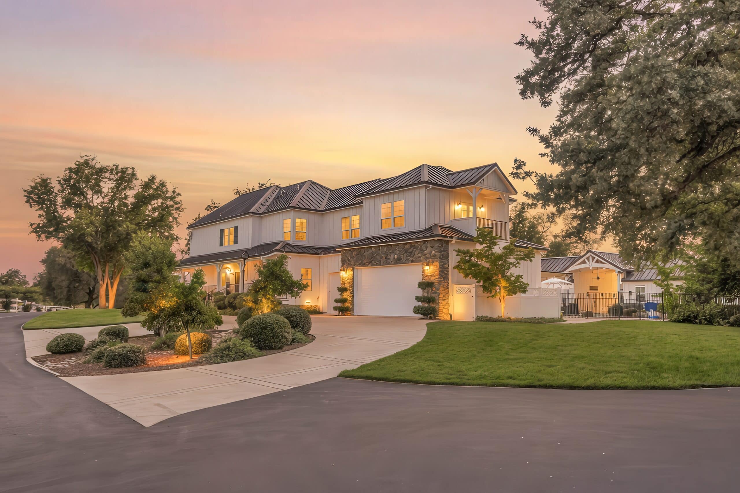 Wide aerial view of the estate at sunset