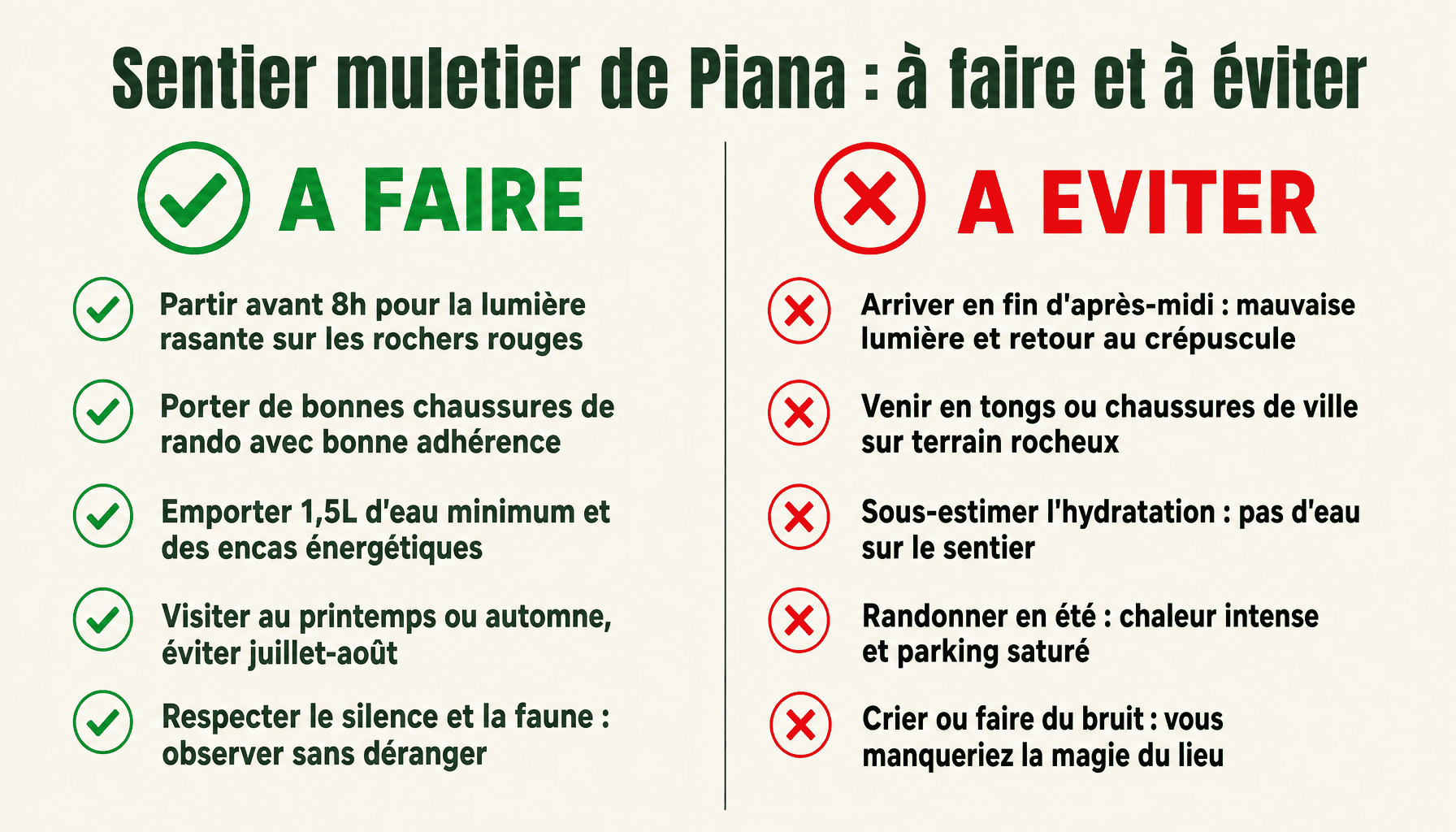 Guide pratique départ rando sentier muletier Piana : conseils et erreurs à éviter
