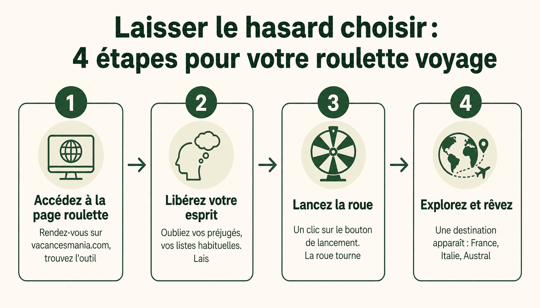 Infographie : comment utiliser la roulette destination vacancesmania.com en 4 étapes simples pour debutants