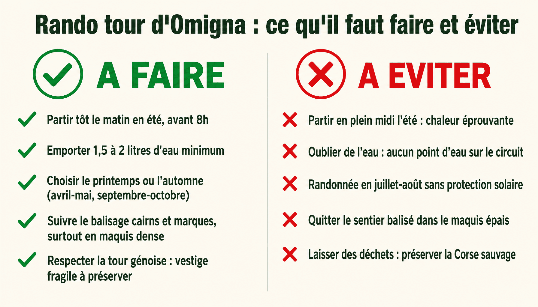 Infographie conseils pratiques rando tour d'omigna Cargèse : à faire et à éviter