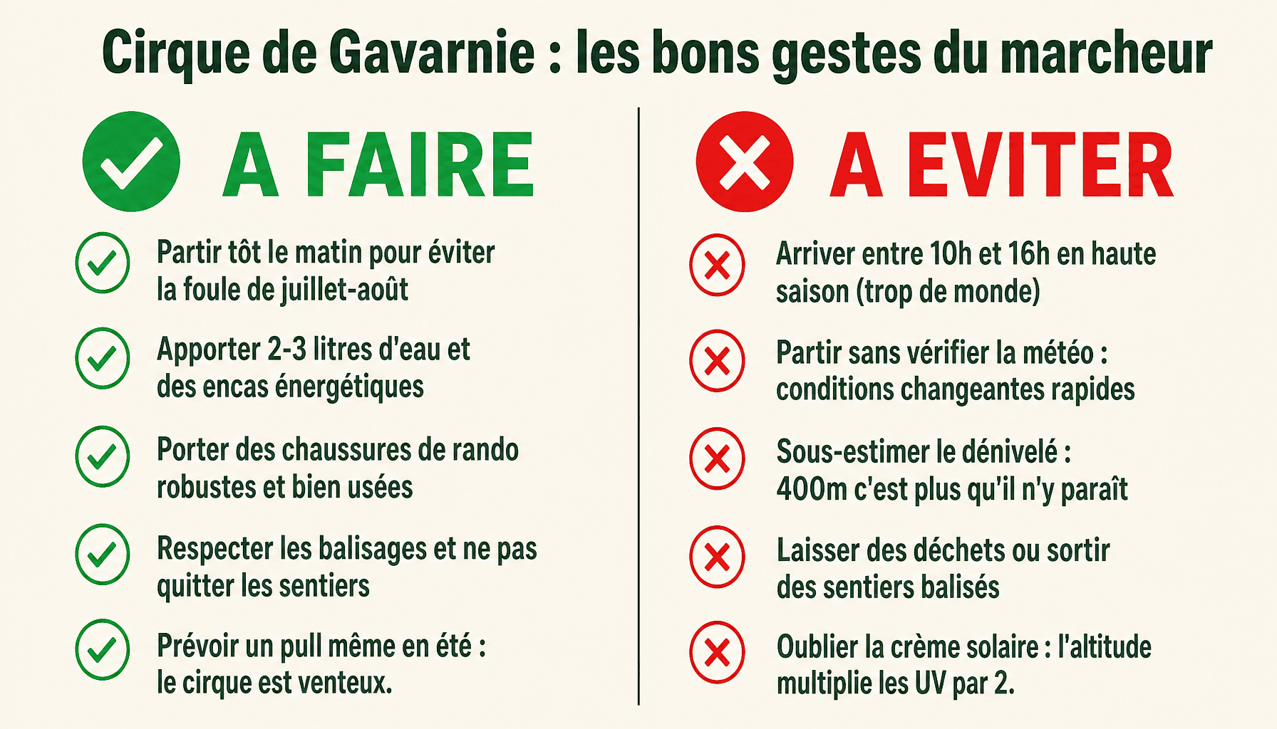Infographie rando cirque de gavarnie : conseils à faire et à éviter pour une randonnée réussie