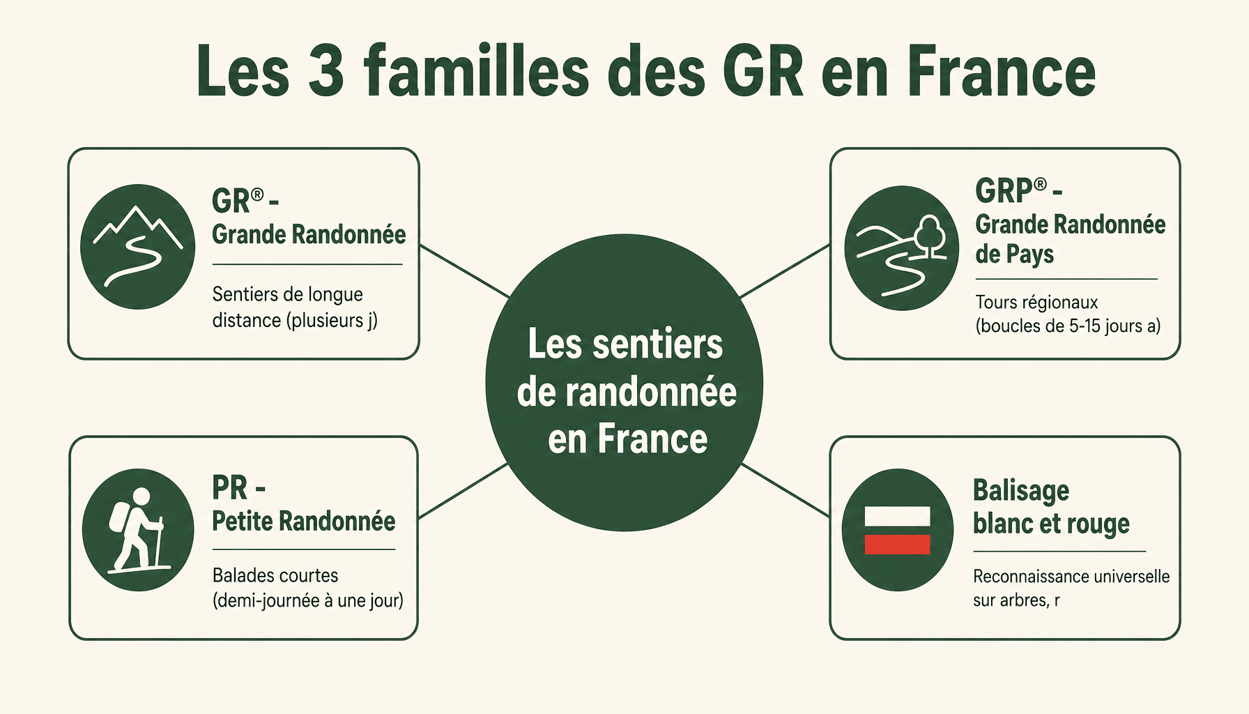 Infographie liste des GR en France : décomposition des trois types de sentiers balisés