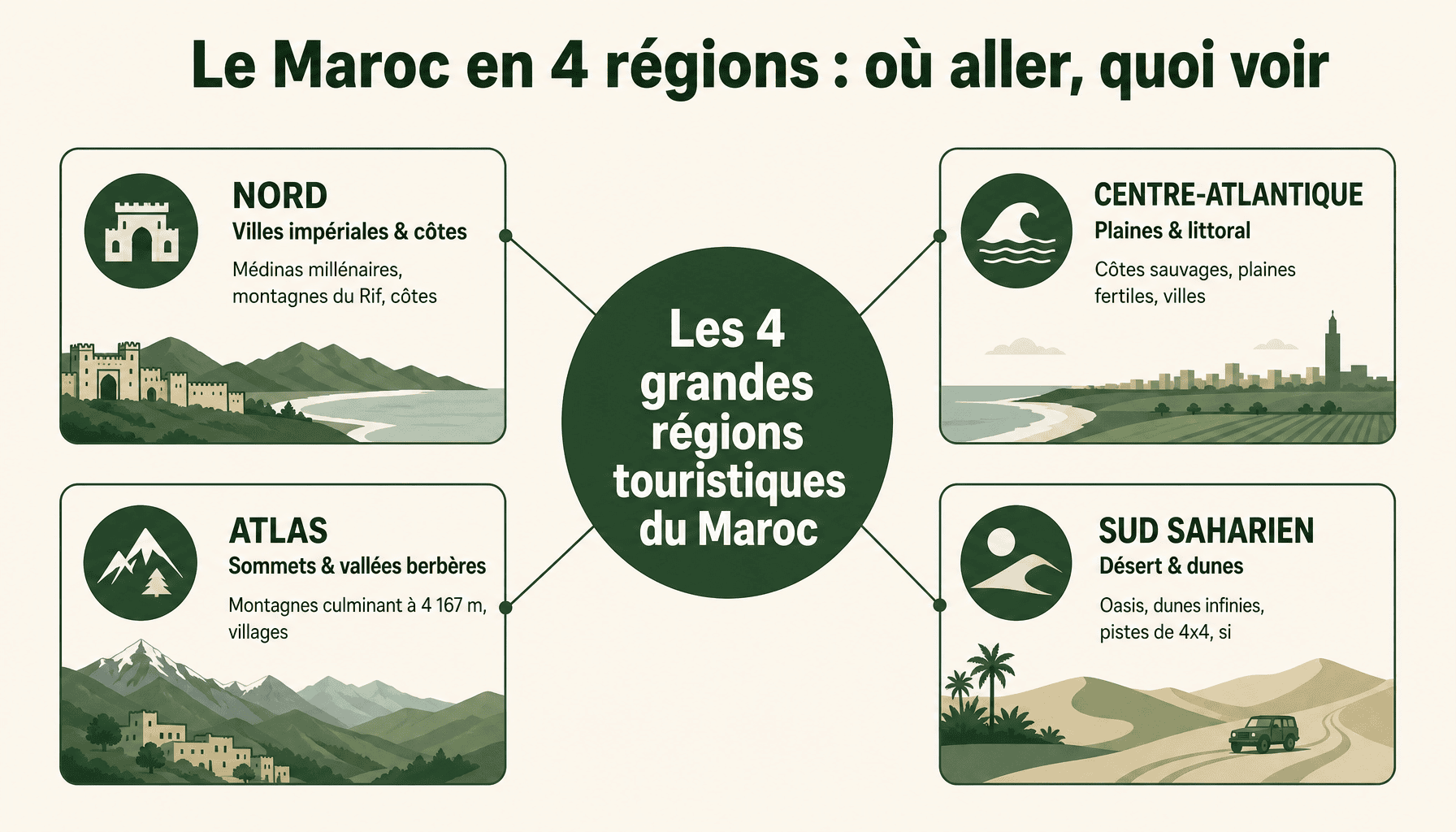 Maroc carte touristique : les 4 grandes régions avec lieux incontournables et caractéristiques