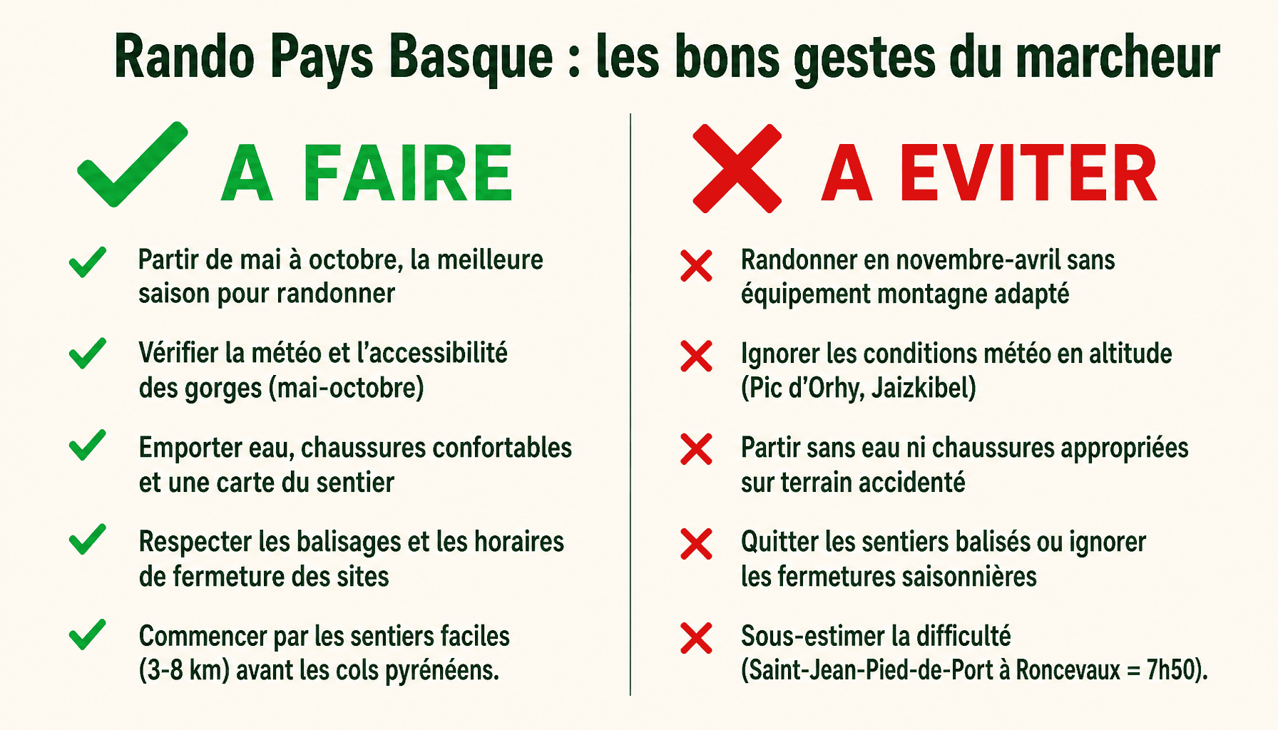 Infographie des bons gestes et erreurs à éviter pour une rando dans le pays basque en toute sécurité