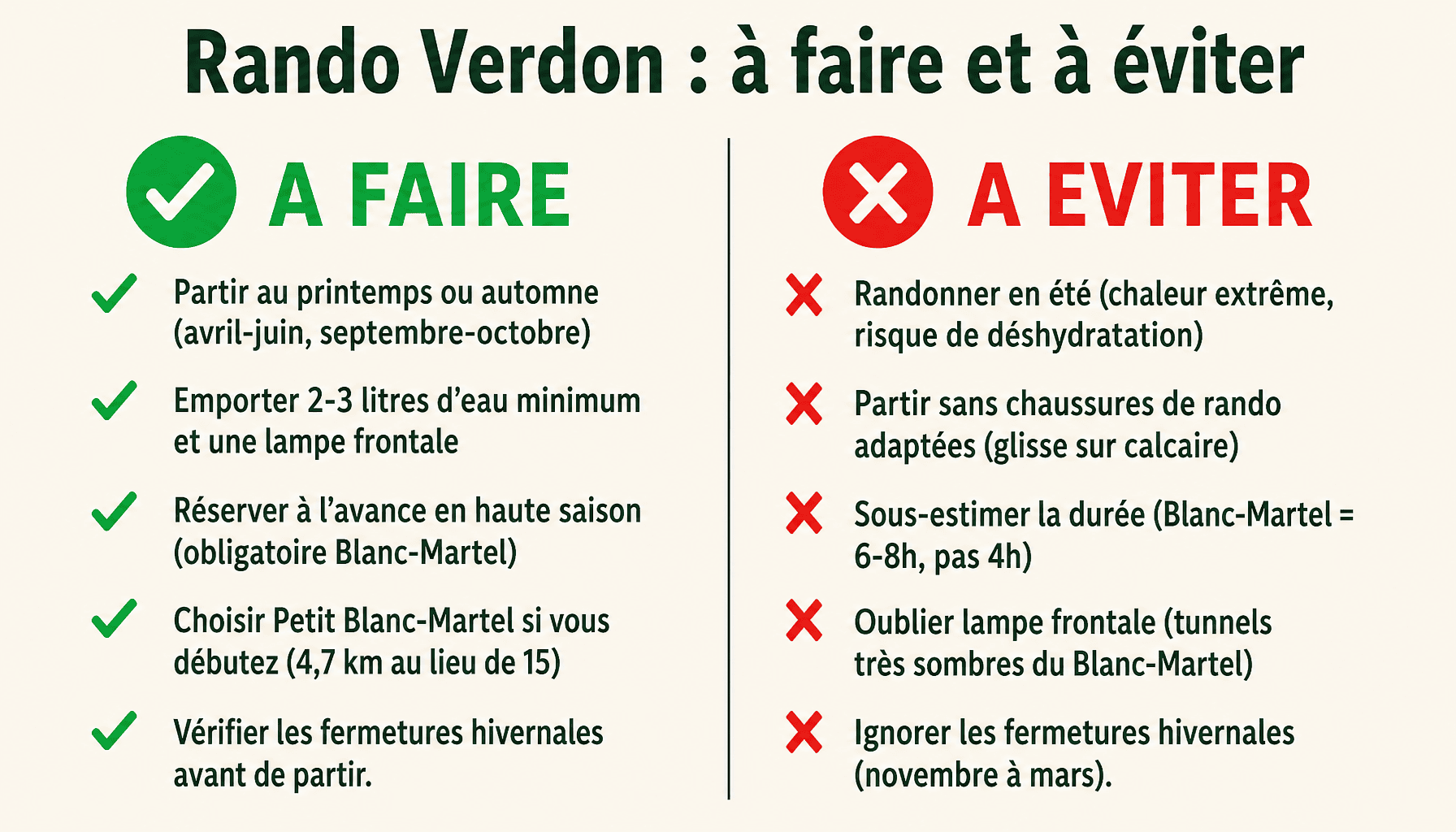 Infographie des bons gestes et erreurs à éviter pour rando gorges du Verdon