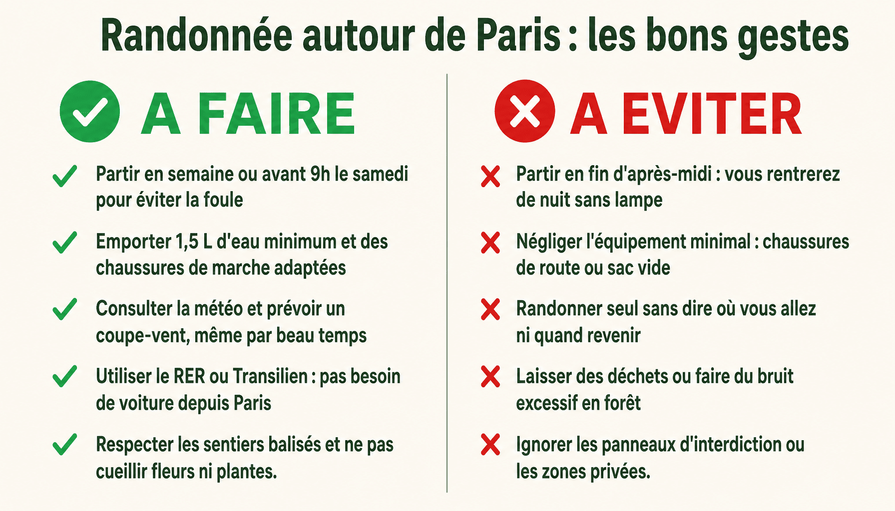 Infographie randonnée autour de Paris : à faire et à éviter pour une sortie réussie