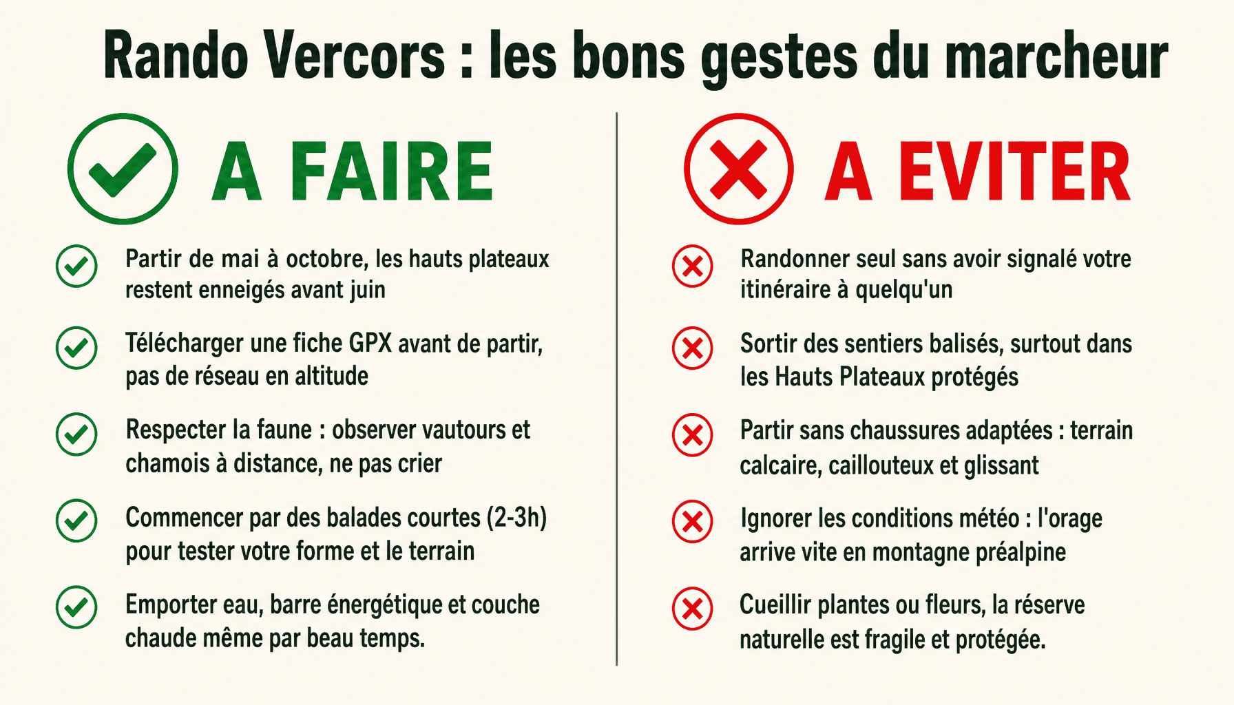 Infographie des bonnes pratiques et erreurs à éviter pour une rando dans le Vercors en toute sécurité
