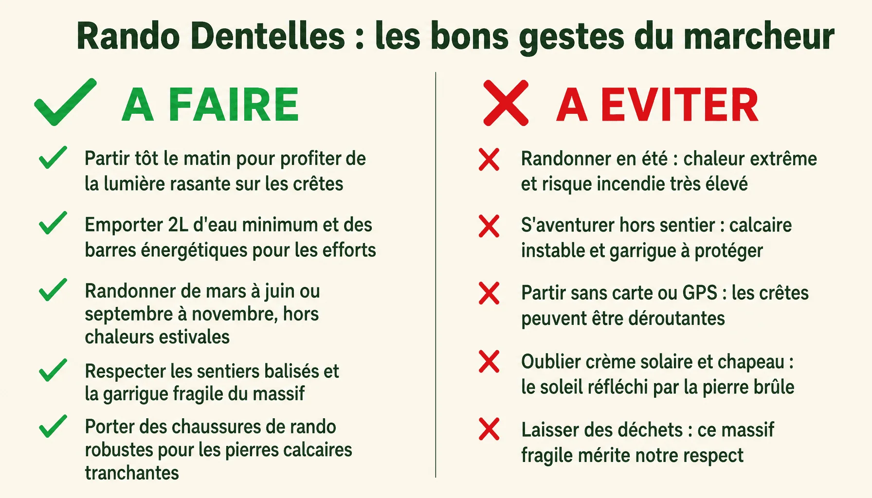 Infographie rando dentelles de montmirail : conseils à faire et à éviter pour une randonnée réussie en Provence