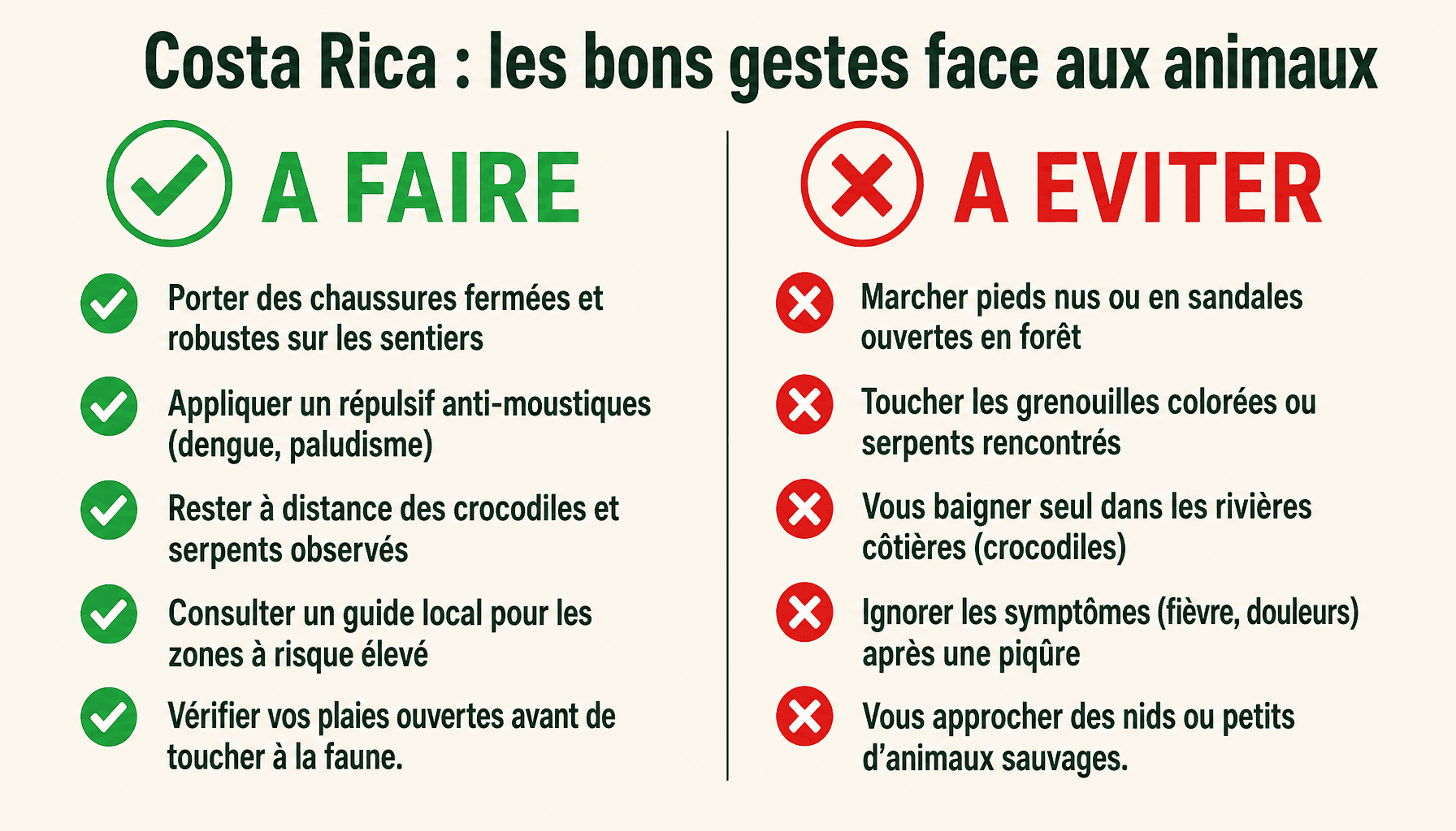 Infographie costa rica animaux dangereux : à faire et à éviter pour randonner en sécurité