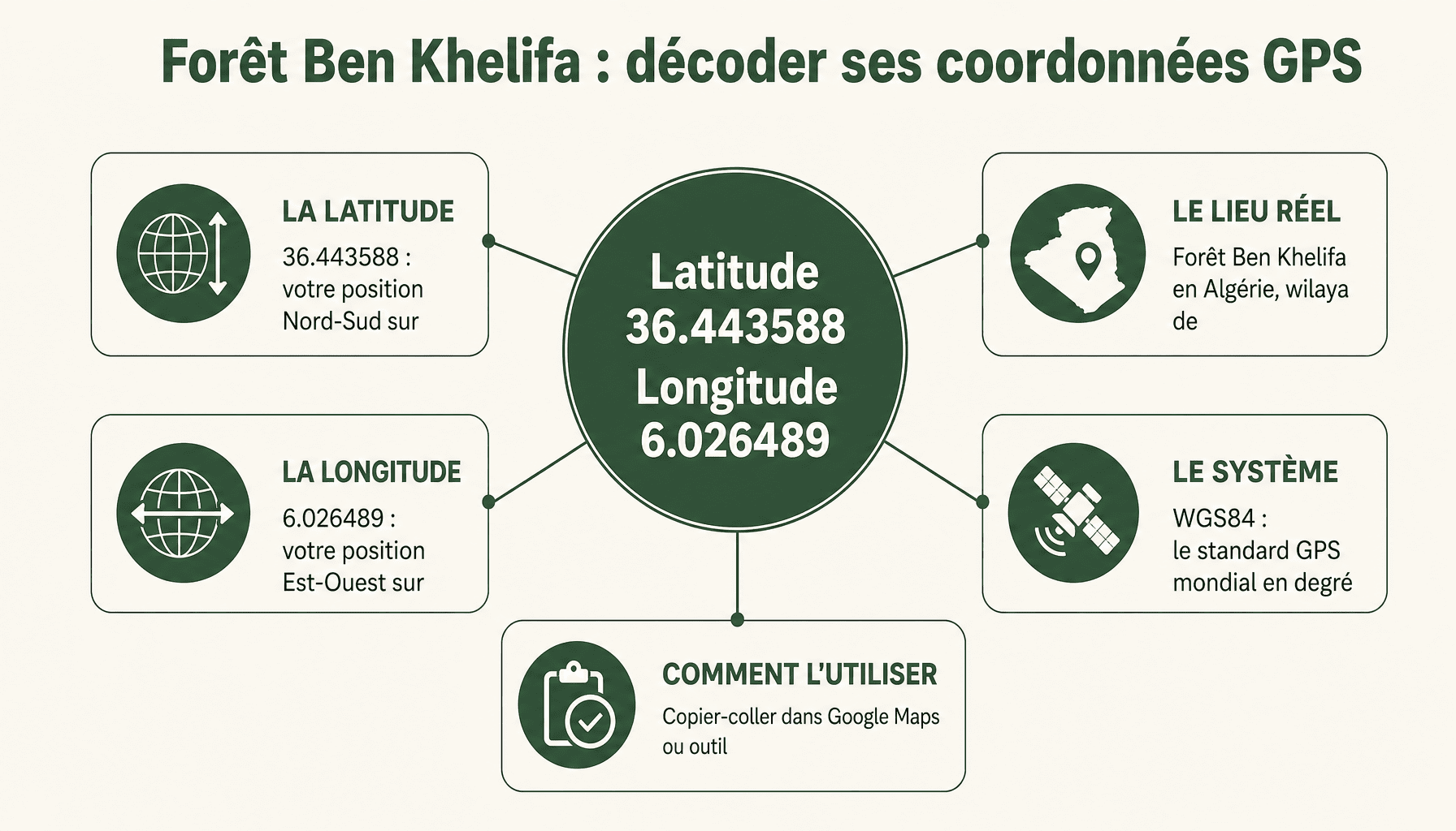 Infographie expliquant latitude 36.443588 longitude 6.026489 : localisation forêt Ben Khelifa Algérie