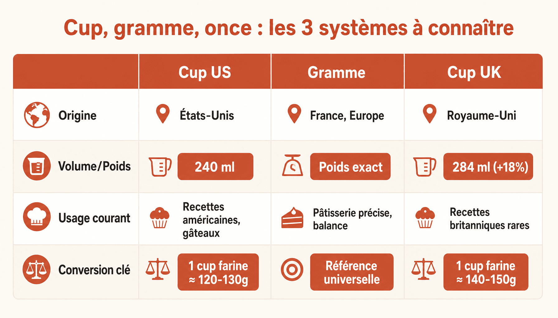 Tableau comparatif des systèmes de mesure culinaires : cup US, gramme, once pour convertisseur poids recettes