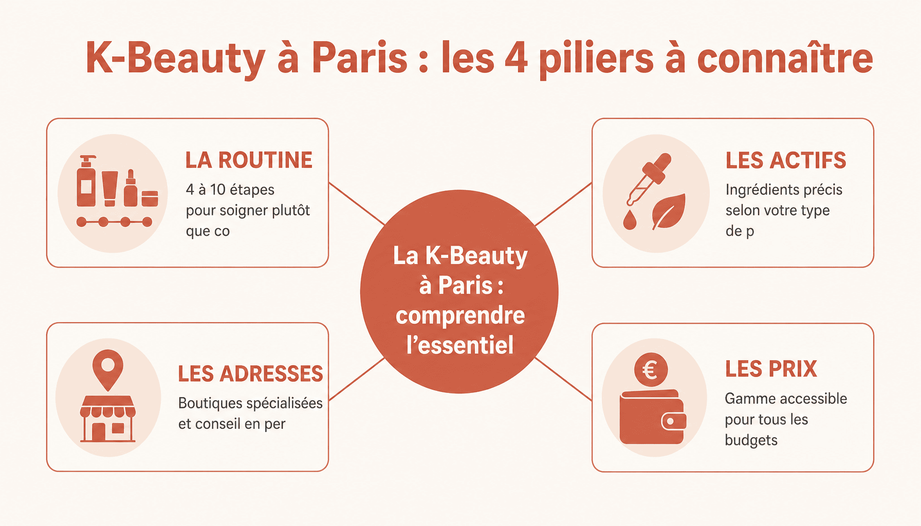 Infographie decomposant les 4 piliers de la K-Beauty : routine multi-etapes, actifs cles, adresses parisiennes et gammes de prix pour korean cosmetics paris - k-beauty & skincare haven