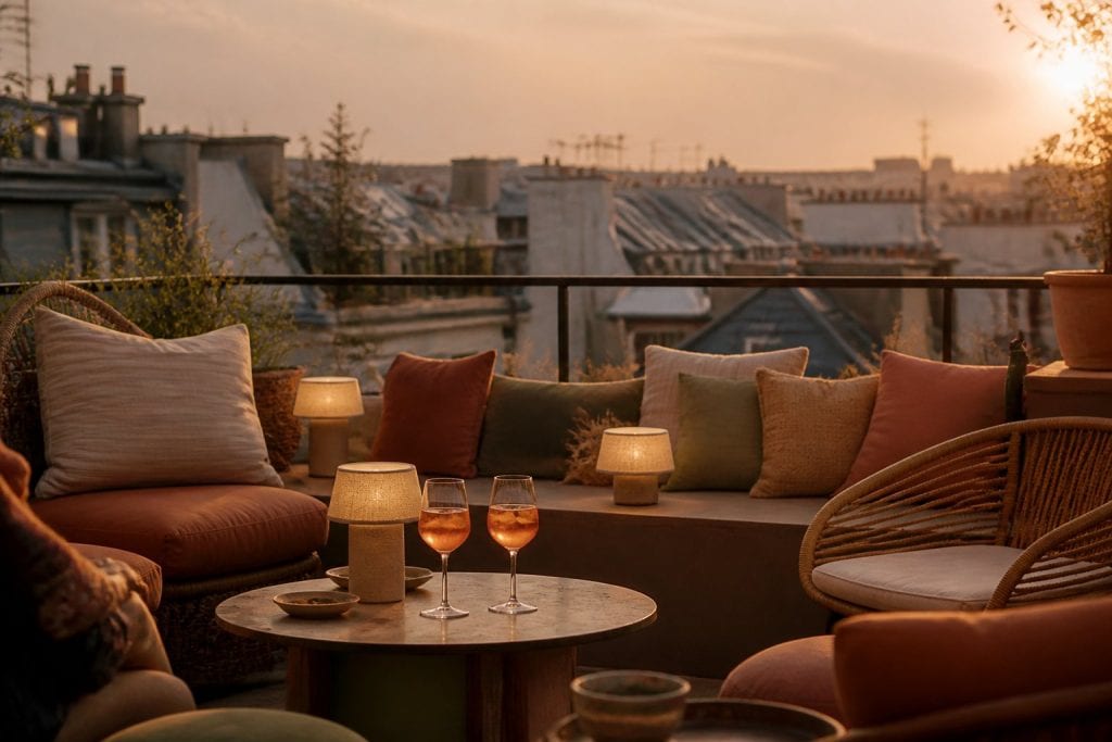 Rooftop parisien à l’heure dorée, banquettes basses et panorama de toits de zinc