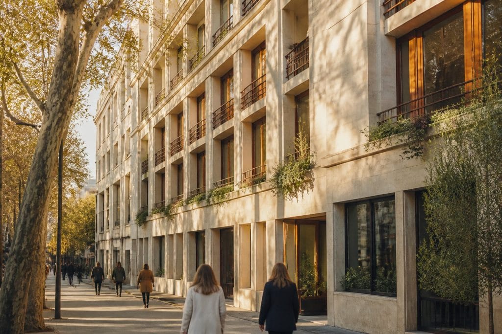 Grande façade d’un immeuble réhabilité du 4e arrondissement en fin de journée
