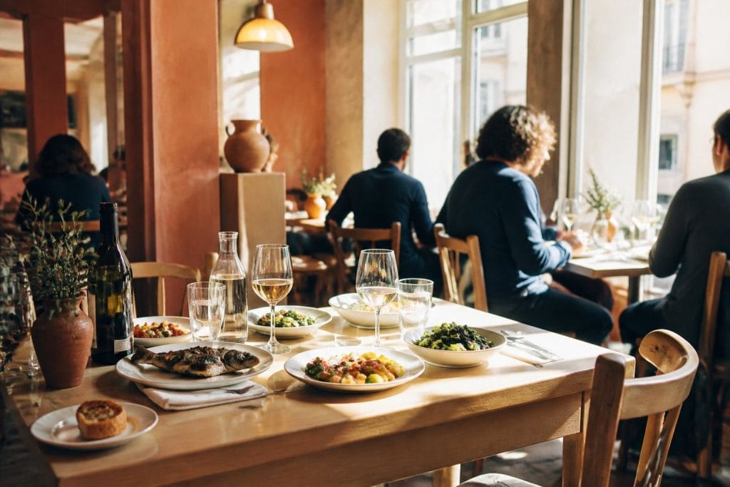 Table de restaurant parisien, petites assiettes à partager et lumière chaude