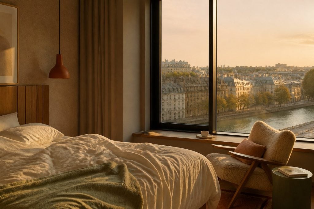 Chambre d’hôtel contemporaine avec vue sur la Seine, lit en lin et baie vitrée