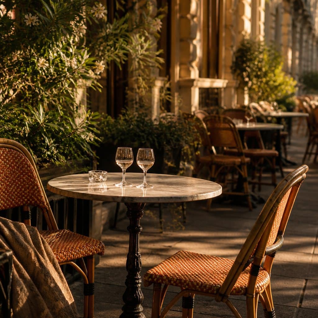 Terrasse de café parisienne à l’heure dorée, chaises en rotin et guéridons de marbre